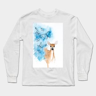 Butterfly Deer Watercolour Painting Long Sleeve T-Shirt